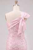 Sparkly Pink One Shoulder Sequins Bodycon Short Homecoming Dress with Bow