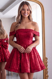 Sparkly Red Off the Shoulder A-Line Sequins Short Homecoming Dress with Bow
