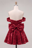 Sparkly Red Off the Shoulder A-Line Sequins Short Homecoming Dress with Bow