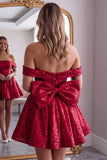 Sparkly Red Off the Shoulder A-Line Sequins Short Homecoming Dress with Bow