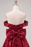 Sparkly Red Off the Shoulder A-Line Sequins Short Homecoming Dress with Bow