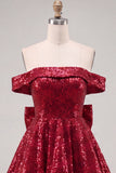 Sparkly Red Off the Shoulder A-Line Sequins Short Homecoming Dress with Bow