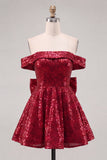 Sparkly Red Off the Shoulder A-Line Sequins Short Homecoming Dress with Bow