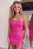 Sparkly Fuchsia Sequin Strapless Bodycon Mini Homecoming Dress with Bow Back