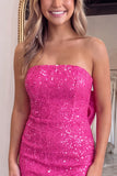 Sparkly Fuchsia Sequin Strapless Bodycon Mini Homecoming Dress with Bow Back