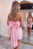 Sparkly Fuchsia Sequin Strapless Bodycon Mini Homecoming Dress with Bow Back