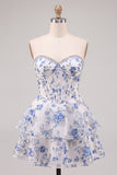 Blue Flower Corset A-Line Rhinestones Tiered Homecoming Dress with Ruffles