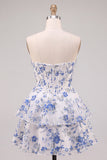 Blue Flower Corset A-Line Rhinestones Tiered Homecoming Dress with Ruffles