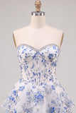 Blue Flower Corset A-Line Rhinestones Tiered Homecoming Dress with Ruffles
