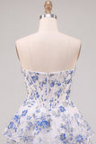 Blue Flower Corset A-Line Rhinestones Tiered Homecoming Dress with Ruffles