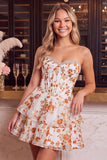 Orange Flower Corset A-Line Rhinestones Tiered Homecoming Dress with Ruffles