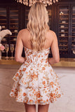 Orange Flower Corset A-Line Rhinestones Tiered Homecoming Dress with Ruffles
