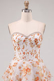 Blue Flower Corset A-Line Rhinestones Tiered Homecoming Dress with Ruffles