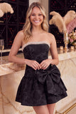 Pink A-Line Floral Jacquard Strapless Rhinestones Homecoming Dress with Bow Detail