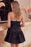 Pink A-Line Floral Jacquard Strapless Rhinestones Homecoming Dress with Bow Detail