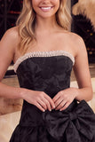 Pink A-Line Floral Jacquard Strapless Rhinestones Homecoming Dress with Bow Detail