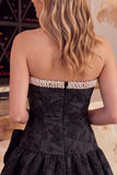 Pink A-Line Floral Jacquard Strapless Rhinestones Homecoming Dress with Bow Detail