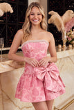 Pink A-Line Floral Jacquard Strapless Rhinestones Homecoming Dress with Bow Detail