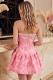 Pink A-Line Floral Jacquard Strapless Rhinestones Homecoming Dress with Bow Detail