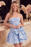 Pink A-Line Floral Jacquard Strapless Rhinestones Homecoming Dress with Bow Detail