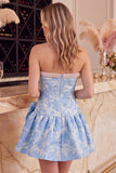 Pink A-Line Floral Jacquard Strapless Rhinestones Homecoming Dress with Bow Detail