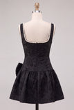 Black A-Line Floral Jacquard Pearl Short Homecoming Dress with Bow