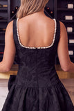 Black A-Line Floral Jacquard Pearl Short Homecoming Dress with Bow