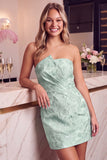 Pink Ruched Floral Embroidery Bodycon Strapless Short Homecoming Dress