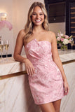 Pink Ruched Floral Embroidery Bodycon Strapless Short Homecoming Dress