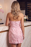 Pink Ruched Floral Embroidery Bodycon Strapless Short Homecoming Dress