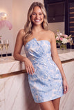 Pink Ruched Floral Embroidery Bodycon Strapless Short Homecoming Dress