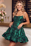 Dark Green Corset Strapless A-Line Floral Embroidery Short Homecoming Dress