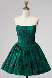 Dark Green Corset Strapless A-Line Floral Short Homecoming Dress with Lace Up Back