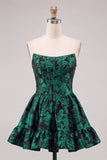 Dark Green Corset Strapless A-Line Floral Embroidery Short Homecoming Dress