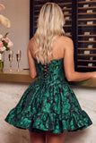 Dark Green Corset Strapless A-Line Floral Embroidery Short Homecoming Dress