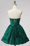 Dark Green Corset Strapless A-Line Floral Short Homecoming Dress with Lace Up Back