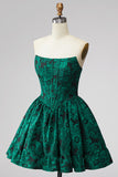 Dark Green Corset Strapless A-Line Floral Short Homecoming Dress with Lace Up Back