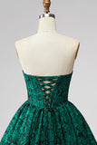 Dark Green Corset Strapless A-Line Floral Short Homecoming Dress with Lace Up Back