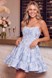 Dark Green Corset Strapless A-Line Floral Embroidery Short Homecoming Dress