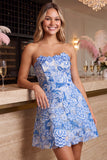 Blue Strapless A-Line Short Homecoming Dress with Floral Embroidery