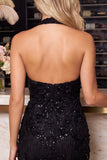 Sky Blue Bodycon Halter Floral Beaded Backless Short Homecoming Dress