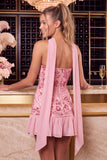 Red Strapless Beaded A-Line Floral Embroidered Homecoming Dress with Neck Scarf