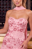 Red Strapless Beaded A-Line Floral Embroidered Homecoming Dress with Neck Scarf