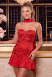 Red Strapless Beaded A-Line Floral Embroidered Homecoming Dress with Neck Scarf