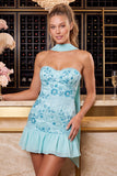 Red Strapless Beaded A-Line Floral Embroidered Homecoming Dress with Neck Scarf