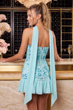 Red Strapless Beaded A-Line Floral Embroidered Homecoming Dress with Neck Scarf