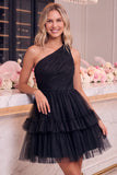 One Shoulder Yellow Tulle A-Line Tiered Mini Homecoming Dress with Ruffles