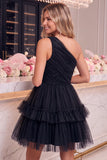 One Shoulder Yellow Tulle A-Line Tiered Mini Homecoming Dress with Ruffles