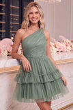 One Shoulder Yellow Tulle A-Line Tiered Mini Homecoming Dress with Ruffles