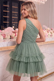 One Shoulder Yellow Tulle A-Line Tiered Mini Homecoming Dress with Ruffles